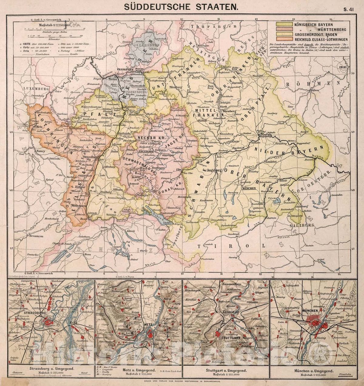 Historic Map : S41. Sueddeutsche Staaten., 1883, Vintage Wall Decor