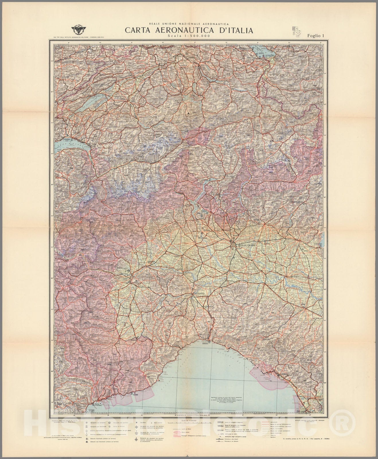 Historic Map : Foglio I. Carta Aeronautica D'Italia. Reale Unione Natzionale Aeronautica., 1938, Vintage Wall Decor