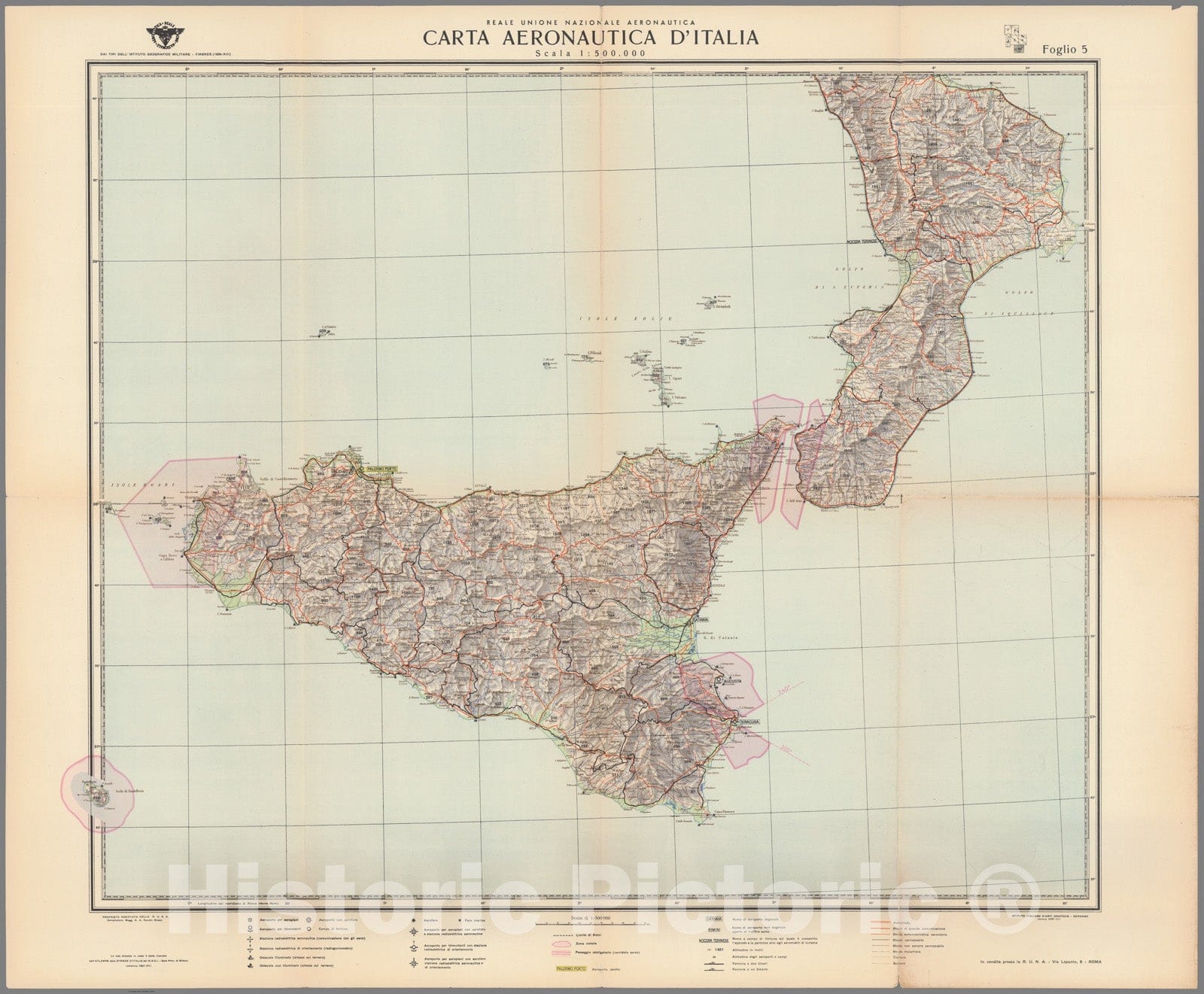 Historic Map : Foglio V. Carta Aeronautica D'Italia. Reale Unione Natzionale Aeronautica., 1938, Vintage Wall Decor