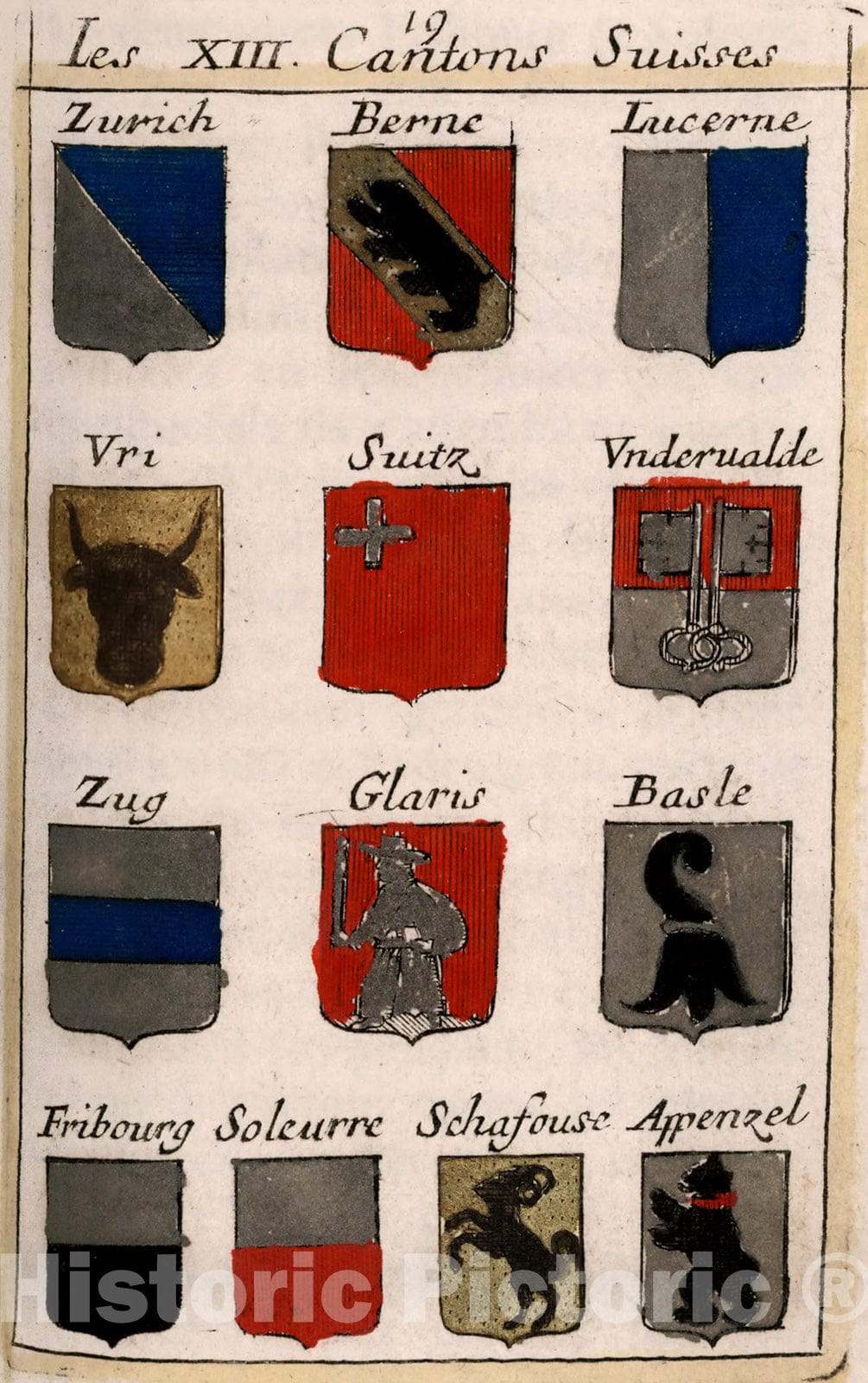 Historic Map : View: Les XIII Cantens Suisses (coats-of-arms)., 1682, Vintage Wall Decor