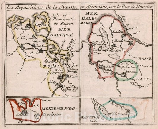 Historic Map : Les Acquisitions de la Suede, en Alemagne, par la Paix de Munster: Pomeranie. Meklembourg. Westphalie., 1682, Vintage Wall Decor