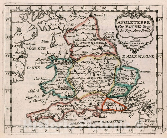Historic Map : Angleterre., 1682, Vintage Wall Decor