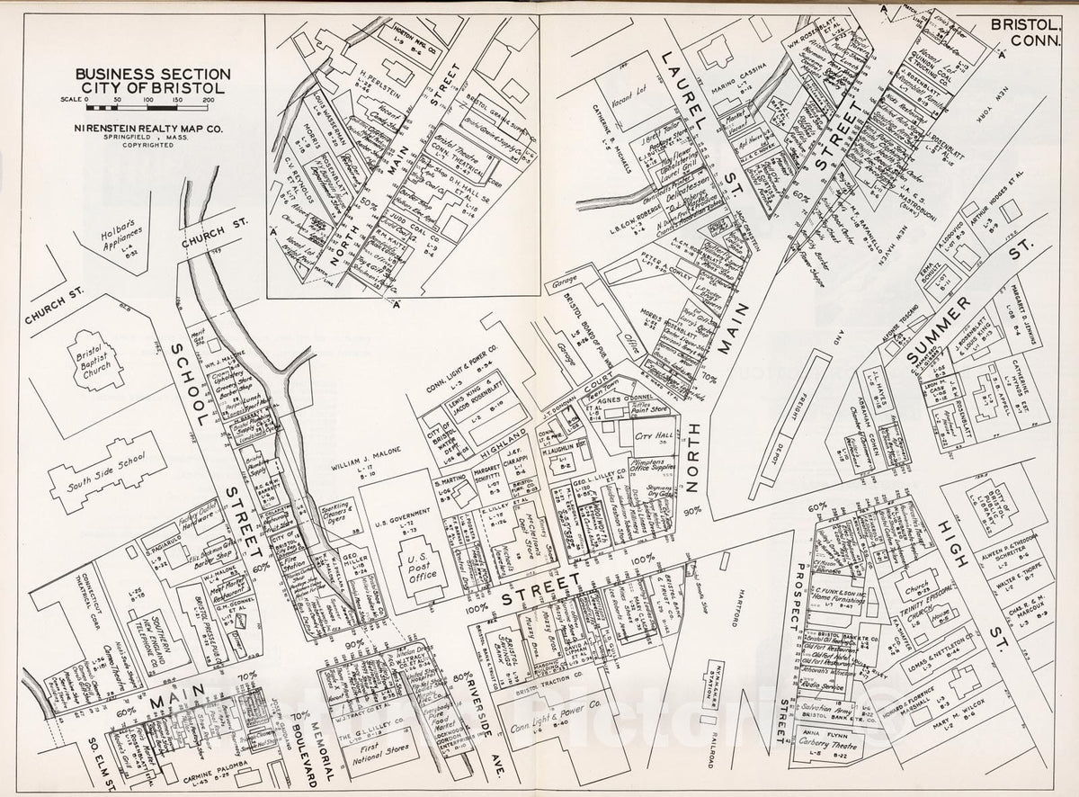 Historic Map : Business Section, City of Bristol (Connecticut)., 1946, Vintage Wall Decor