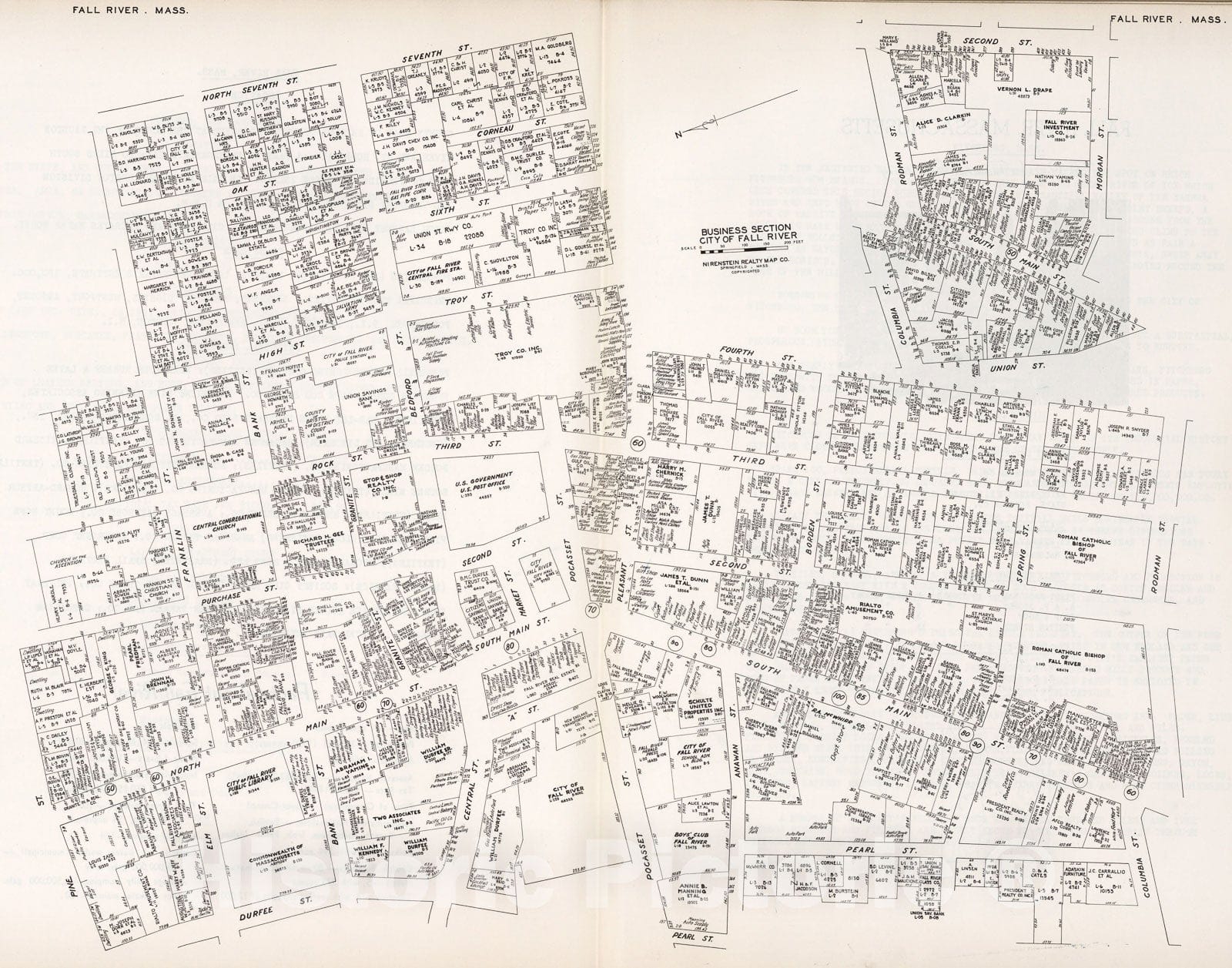 Historic Map : Business Section, City of Fall River (Massachusetts)., 1946, Vintage Wall Decor