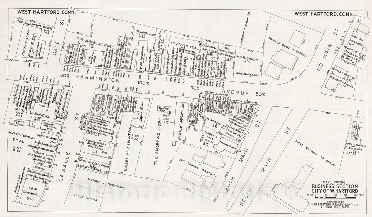 Historic Map : Business Section, City of West-Hartford (Connecticut)., 1946, Vintage Wall Decor