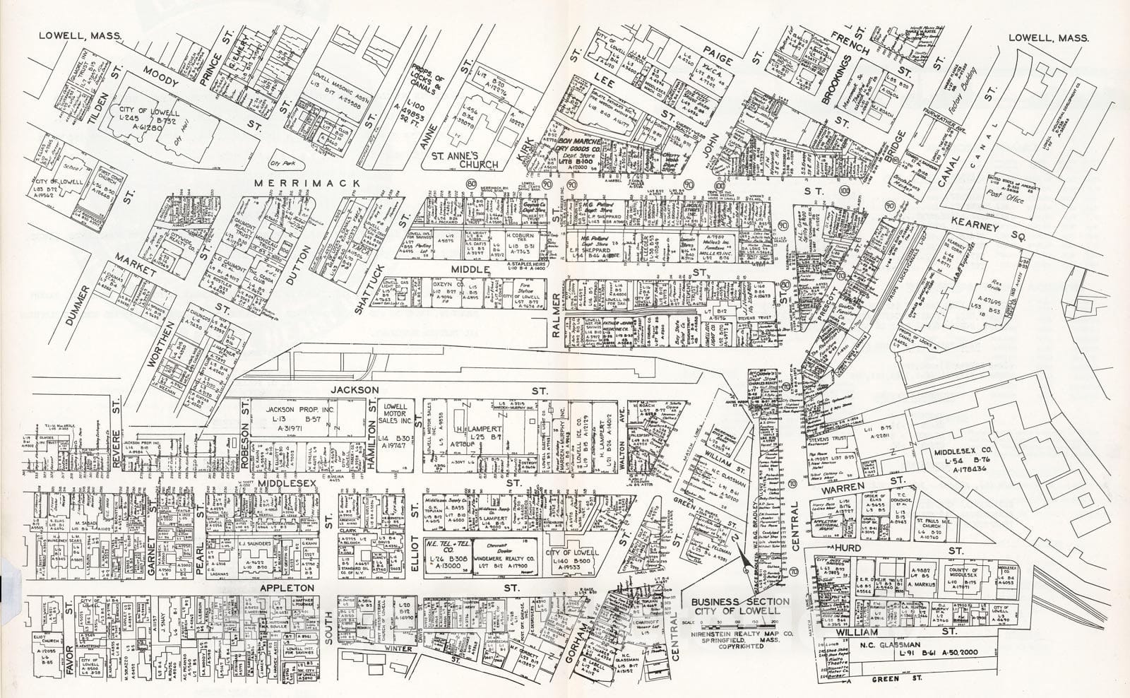 Historic Map : Business Section, City of Lowell (Massachusetts)., 1946, Vintage Wall Decor