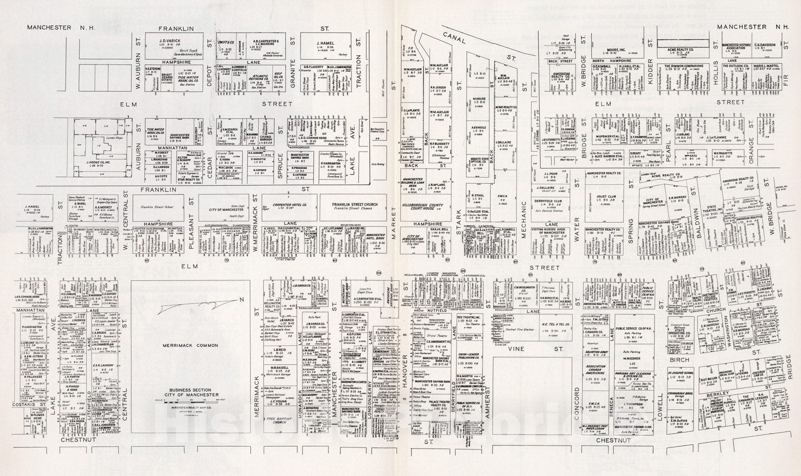 Historic Map : Business Section, the City of Manchester (New Hampshire)., 1946, Vintage Wall Decor