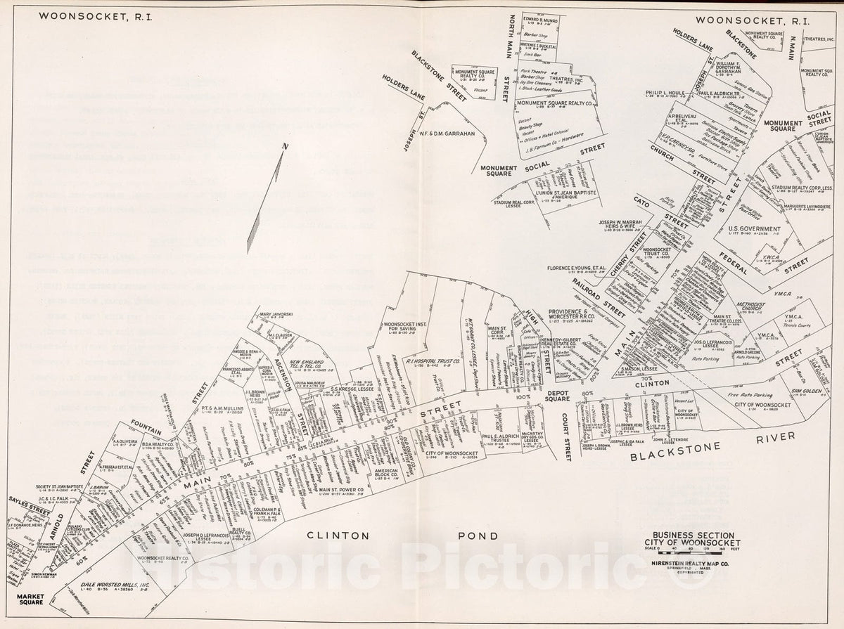 Historic Map : Business Section, City of Woonsocket (Rhode Island)., 1946, Vintage Wall Decor