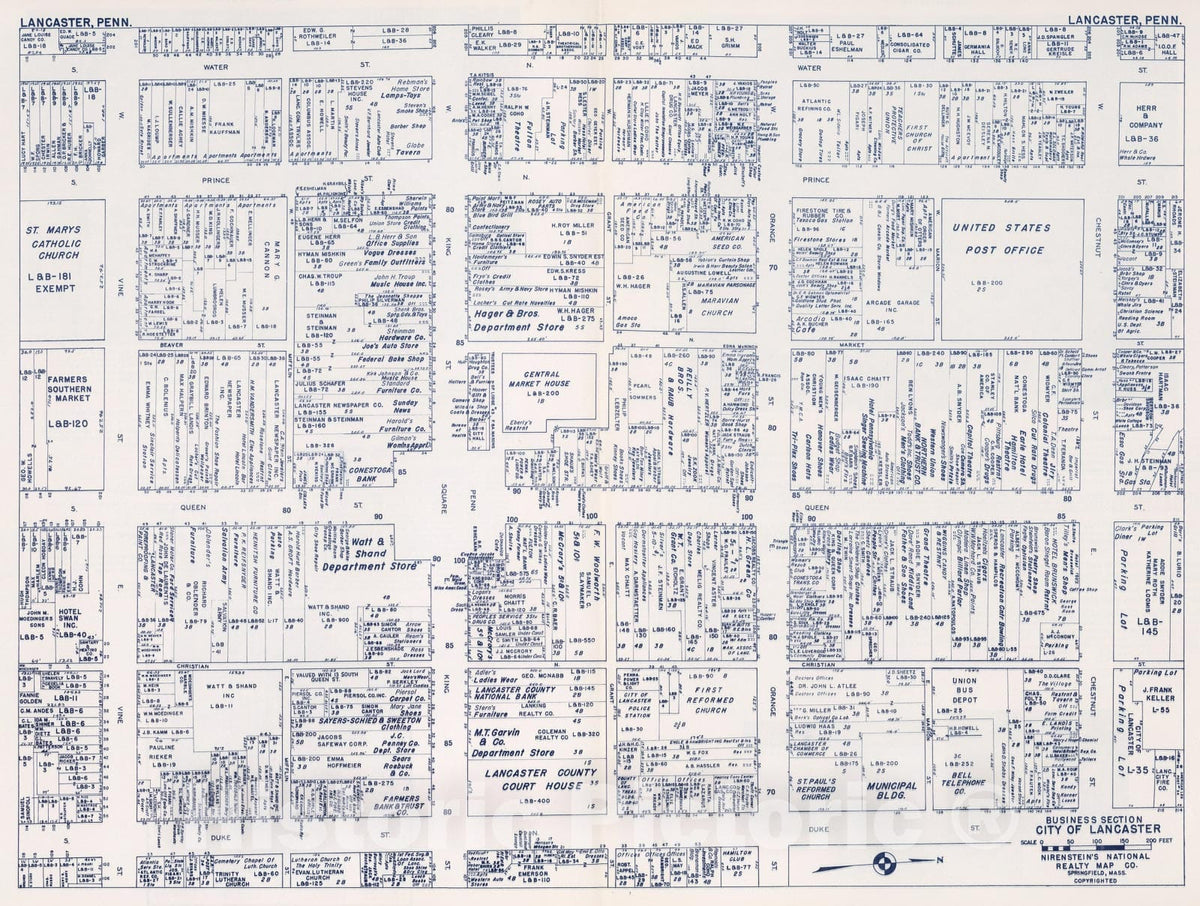 Historic Map : Business Section, City of Lancaster (Pennsylvania)., 1950, Vintage Wall Decor