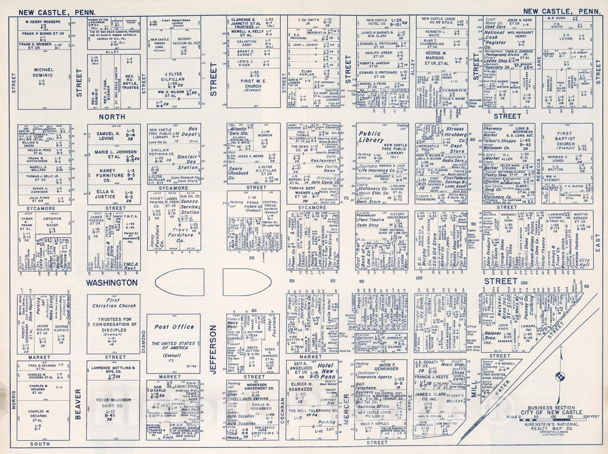 Historic Map : Business Section, City of New Castle (Pennsylvania)., 1950, Vintage Wall Decor
