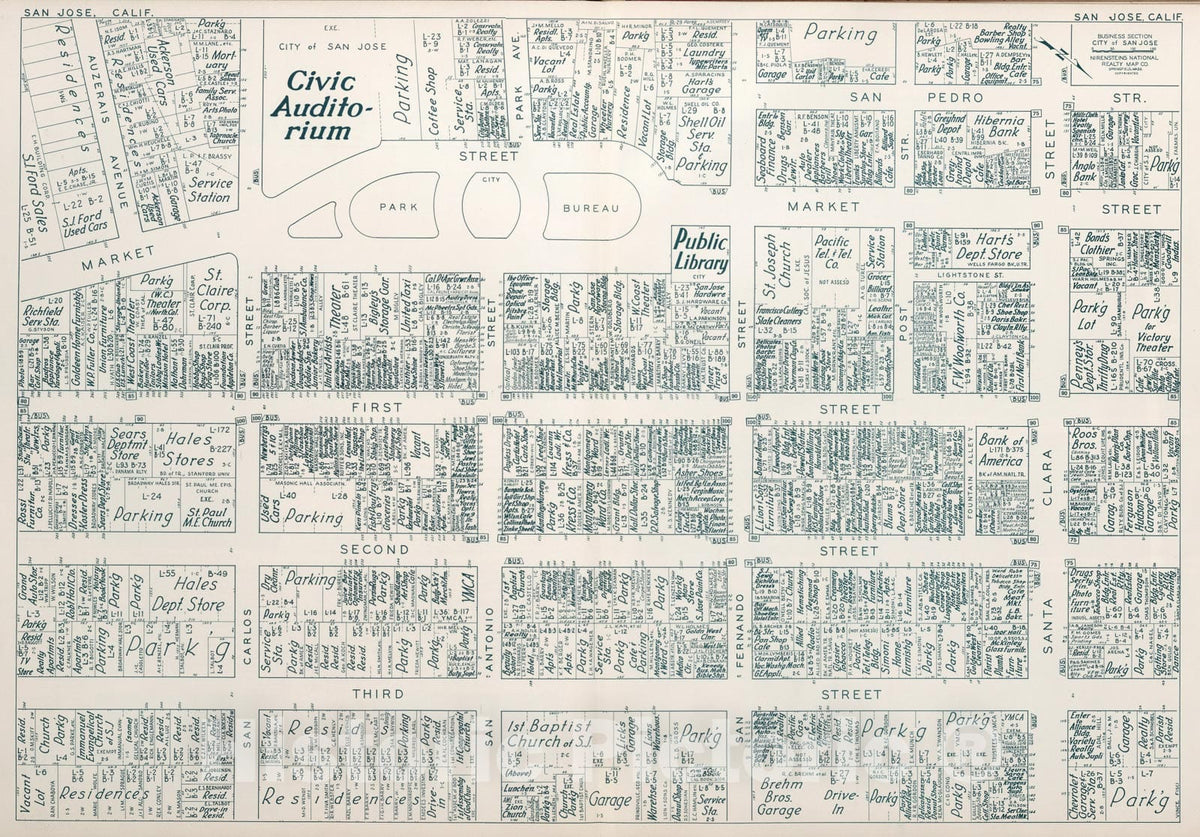 Historic Map : Business Section, City of San Jose (California)., 1952, Vintage Wall Decor