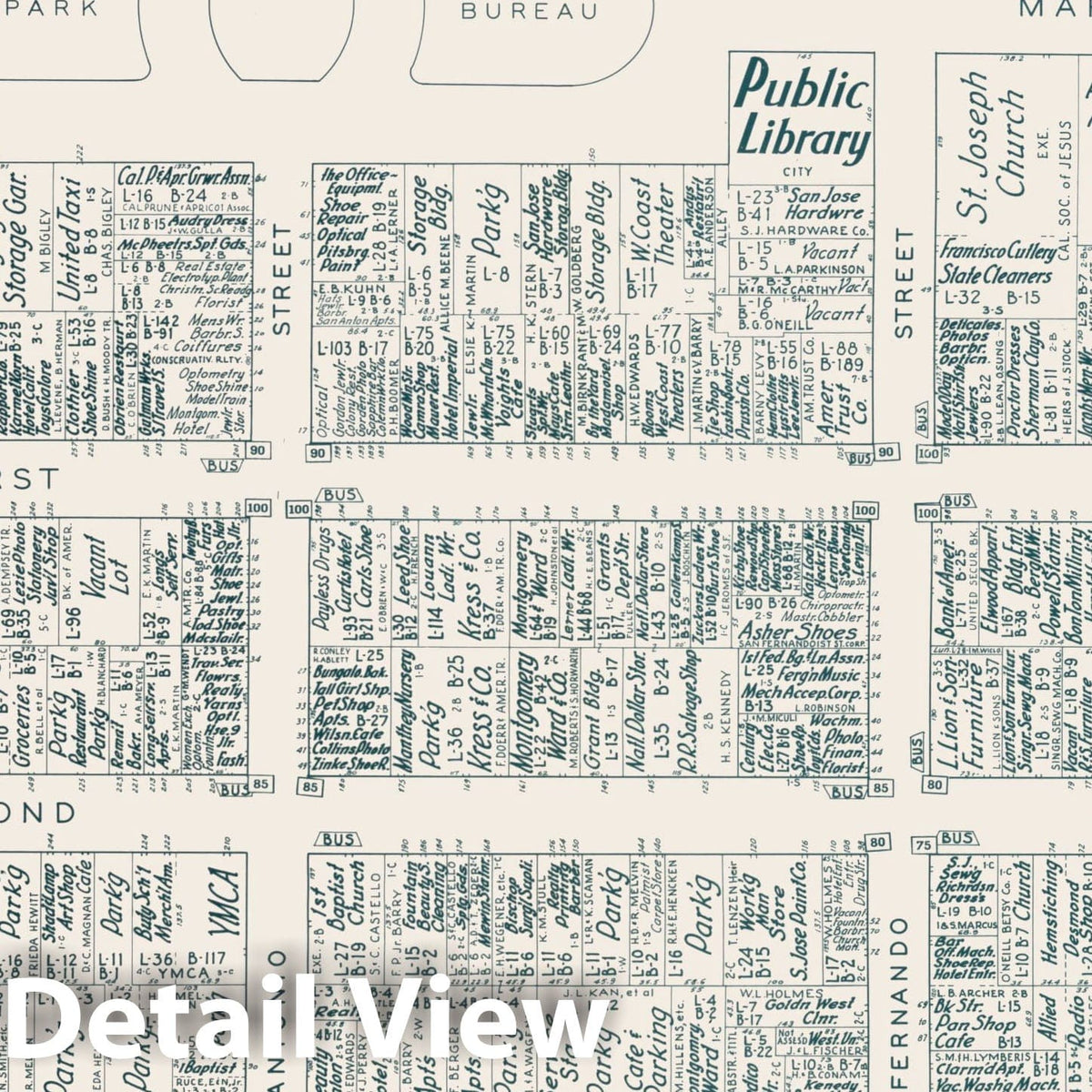 Historic Map : Business Section, City of San Jose (California)., 1952, Vintage Wall Decor