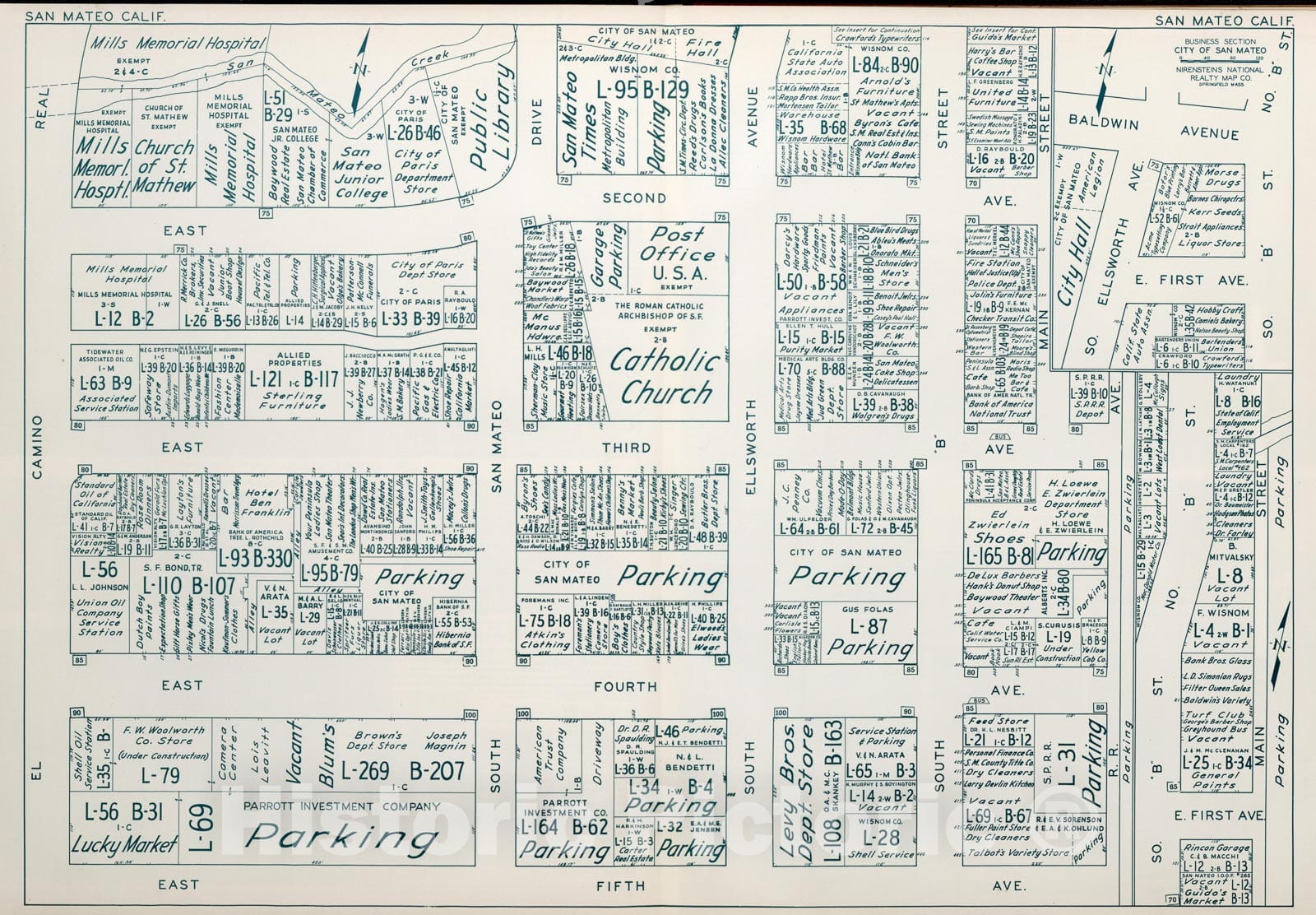 Historic Map : Business Section, City of San Mateo (California)., 1952, Vintage Wall Decor