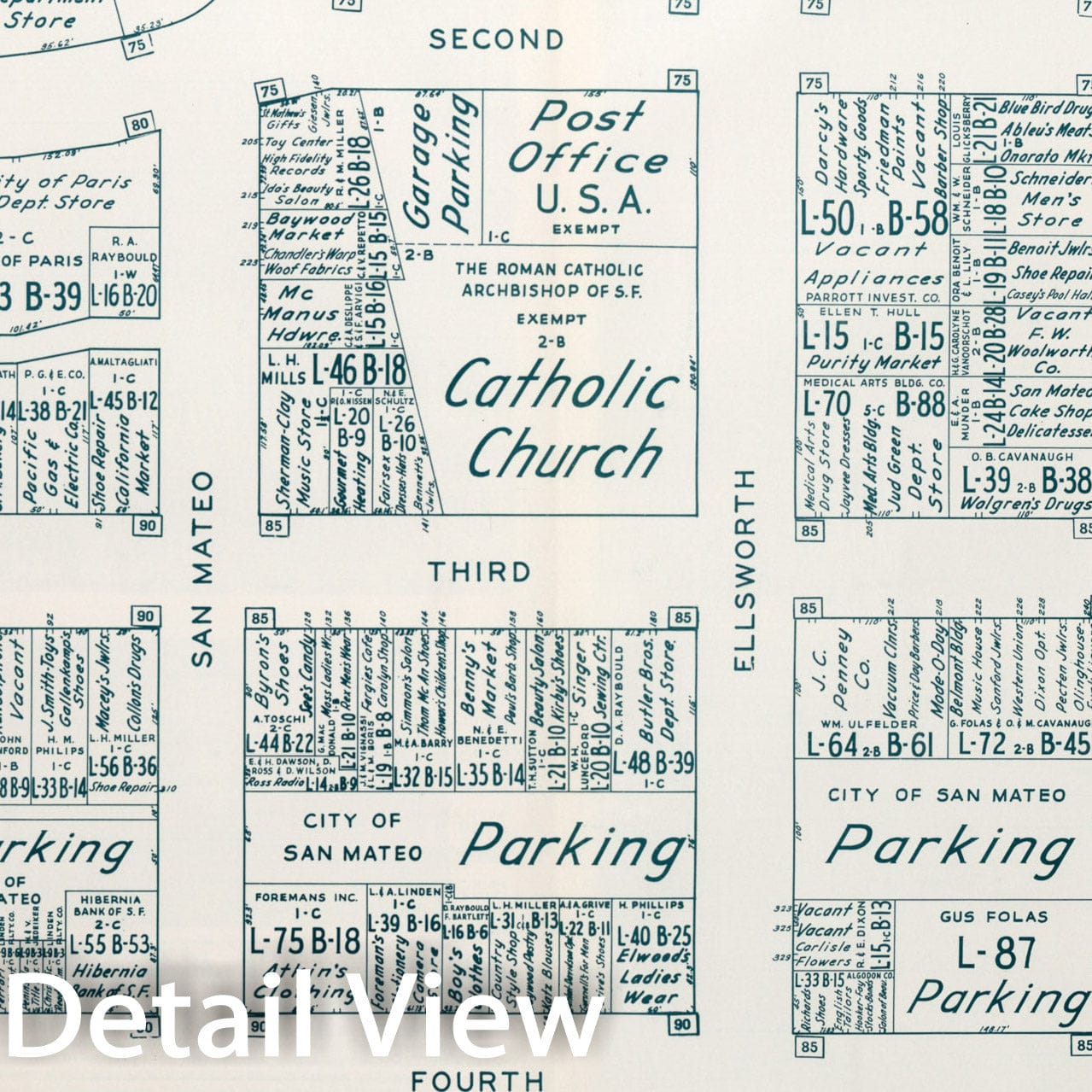 Historic Map : Business Section, City of San Mateo (California)., 1952, Vintage Wall Decor