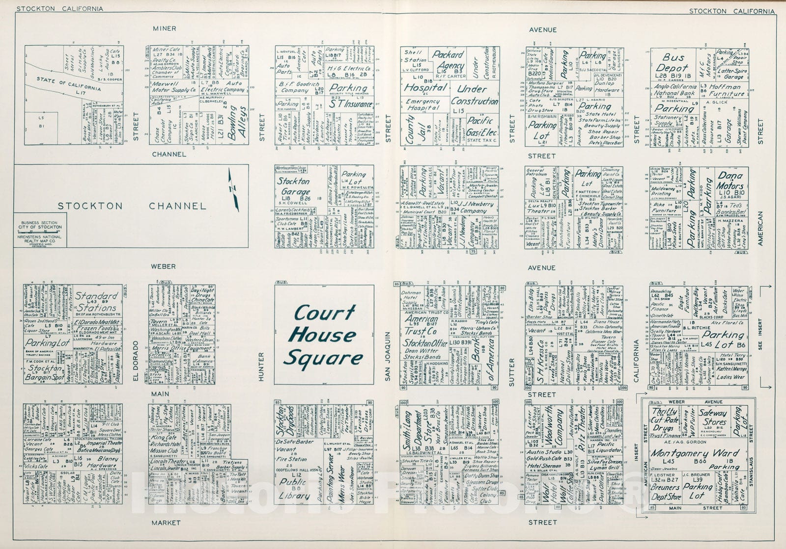Historic Map : Business Section, City of Stockton (California)., 1952, Vintage Wall Decor