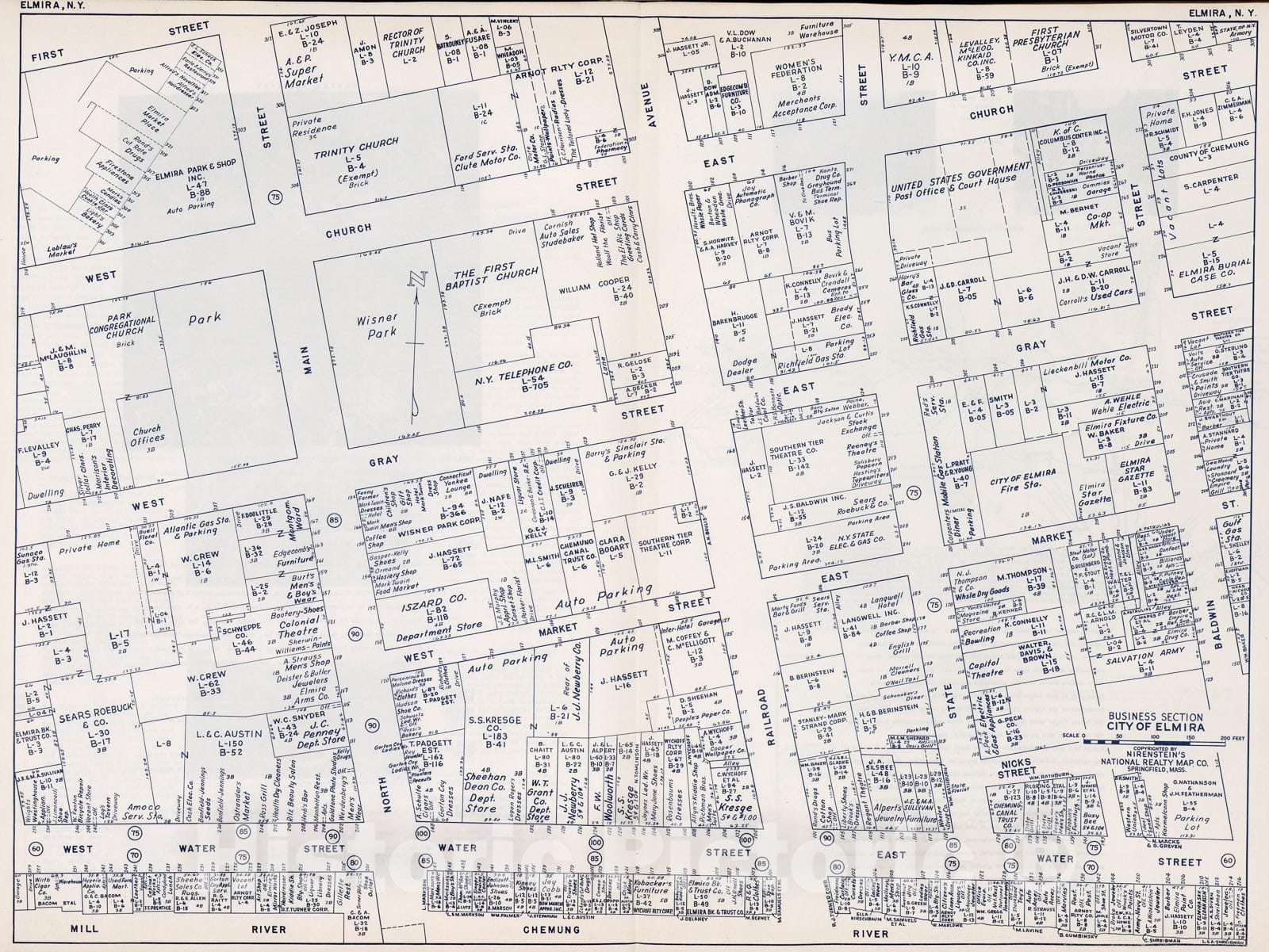 Historic Map : Business Section, City of Elmira (New Jersey)., 1947, Vintage Wall Decor