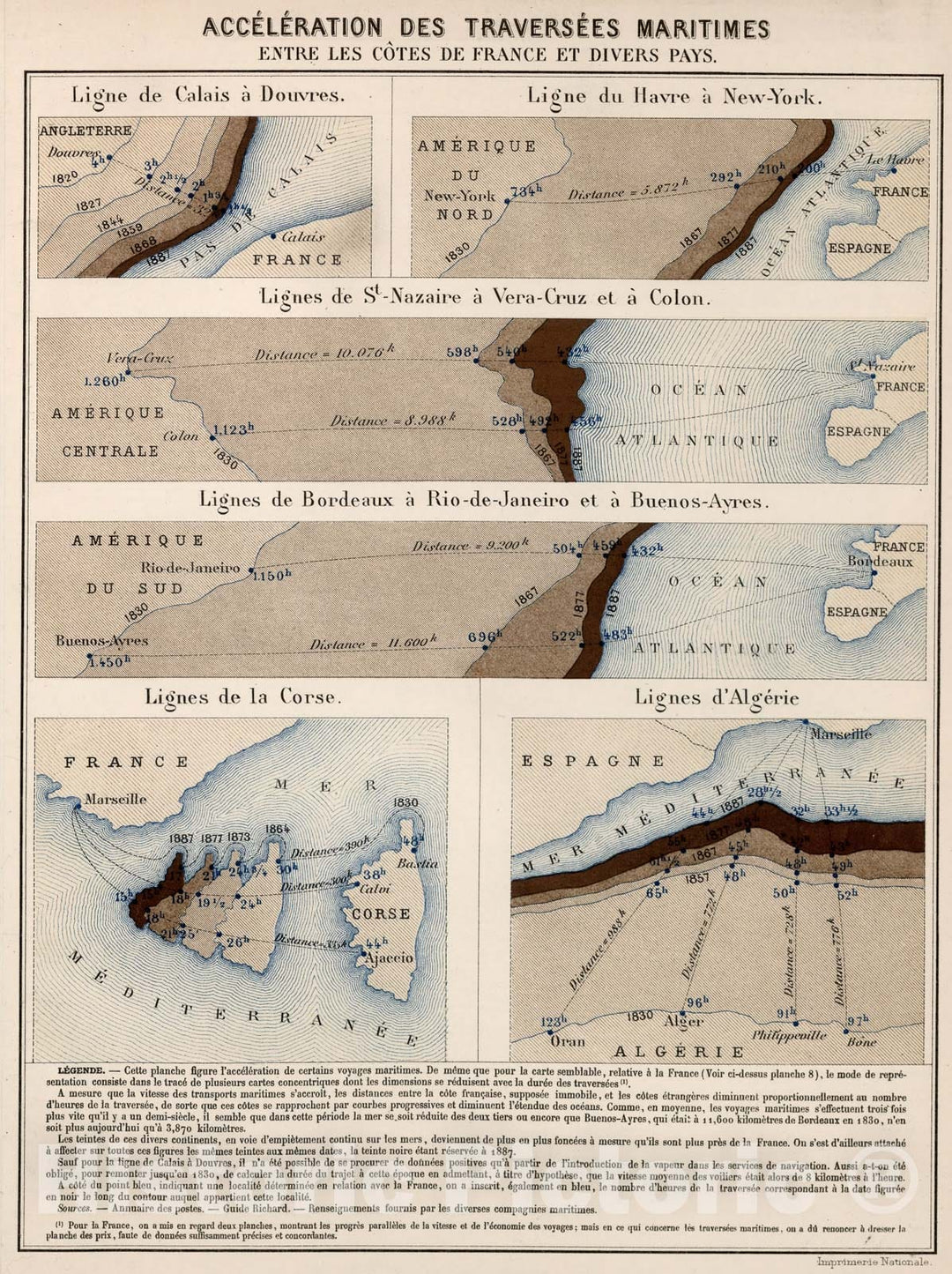 Historic Map : Acceleration des Traversees Maritimes Entre les Cotes de France et Divers Pays., 1888, Vintage Wall Decor