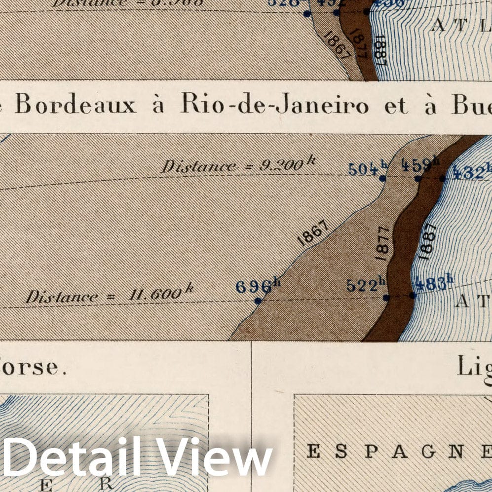 Historic Map : Acceleration des Traversees Maritimes Entre les Cotes de France et Divers Pays., 1888, Vintage Wall Decor