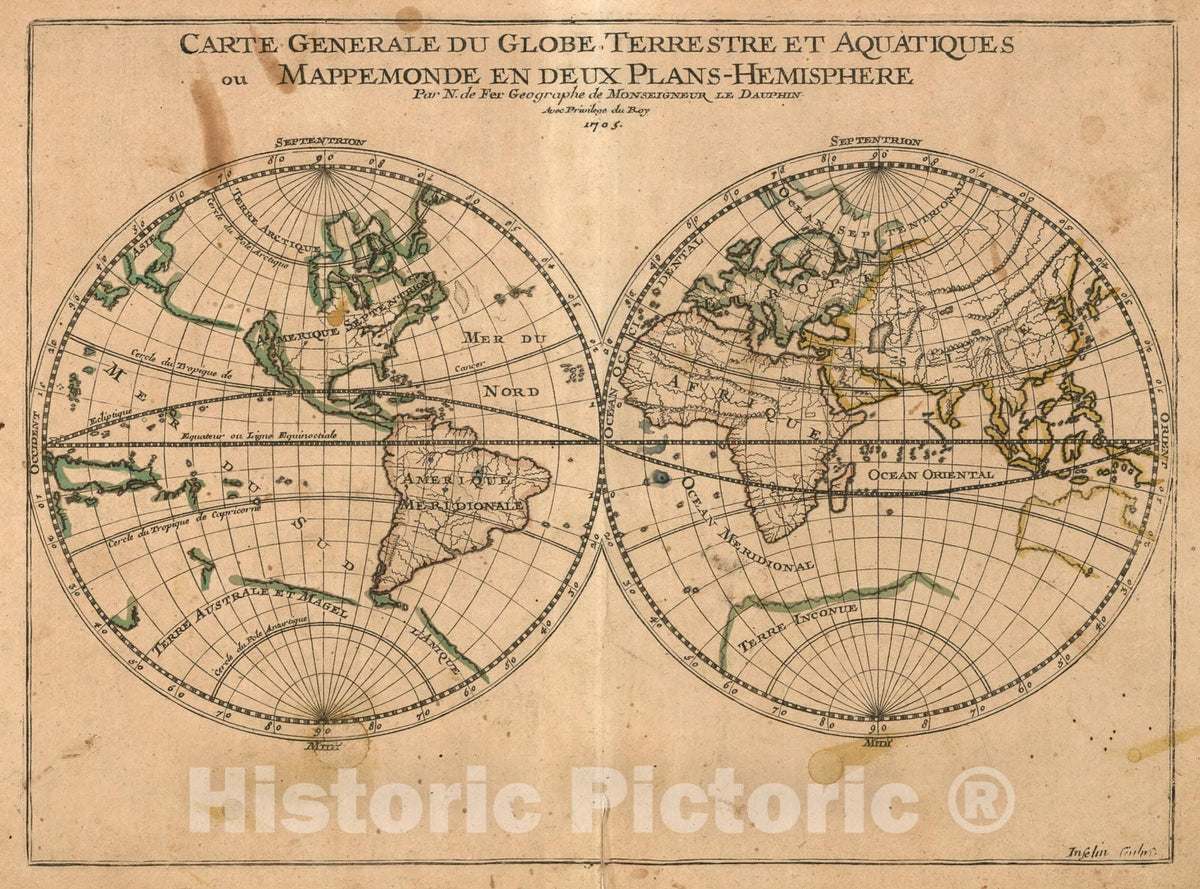 Historic Map : Carte generale du globe, terrestre et aquatiques ..., 1697, Vintage Wall Decor