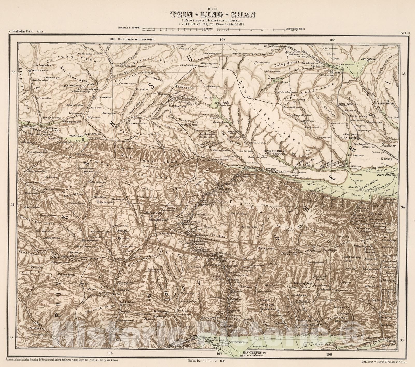Historic Map : Blatt Tsin - Ling - Shan. (Provinzen Shensi und Kansu).Tafel 23, 1885, Vintage Wall Decor