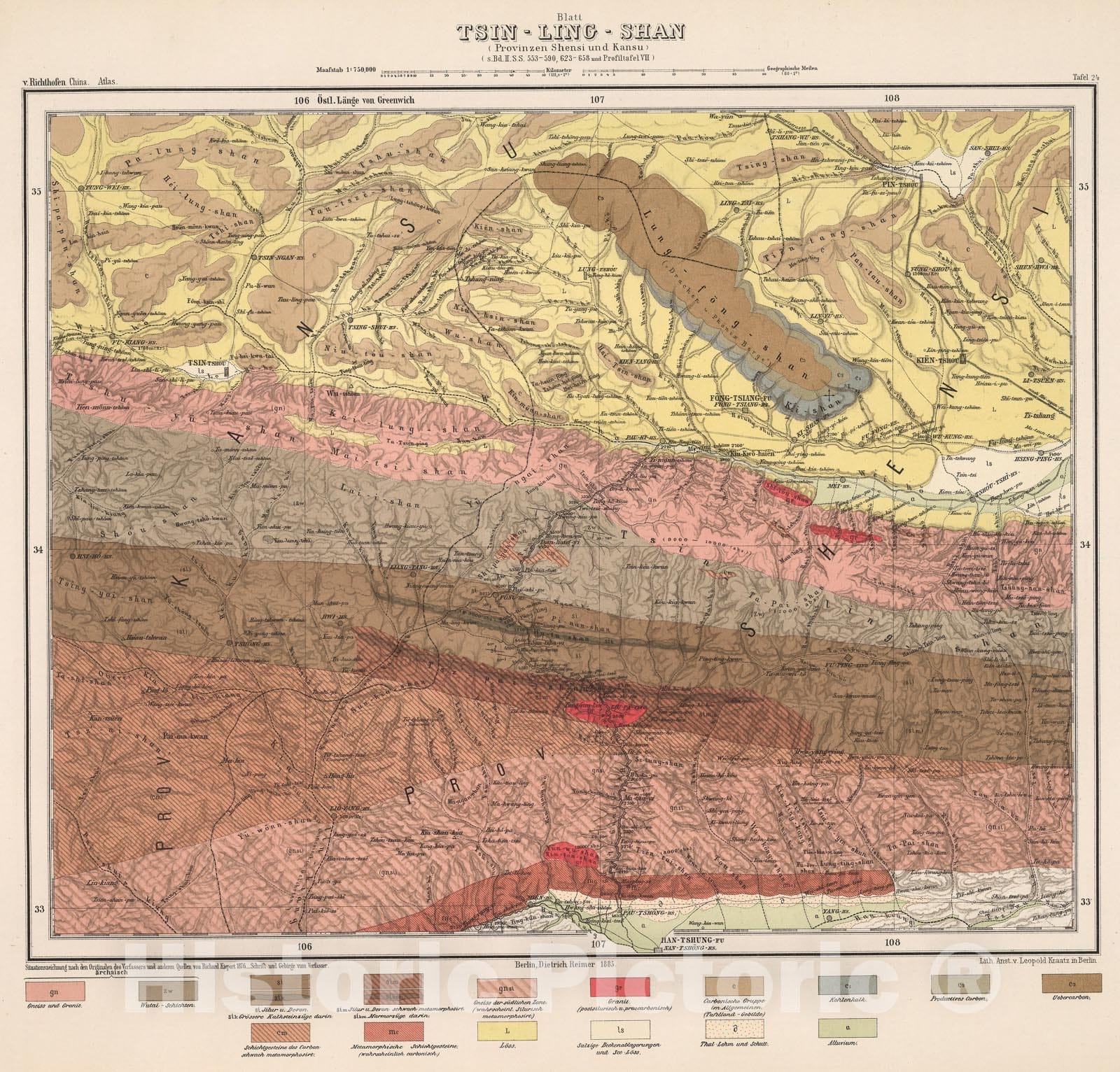 Historic Map : Blatt Tsin - Ling - Shan. (Provinzen Shensi und Kansu).Tafel 24, 1885, Vintage Wall Decor