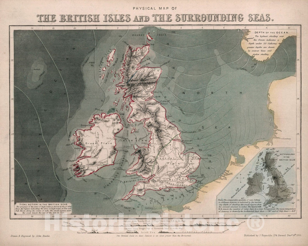 Historic Map : Physical map of the British Isles and the surrounding seas, 1850, Vintage Wall Decor