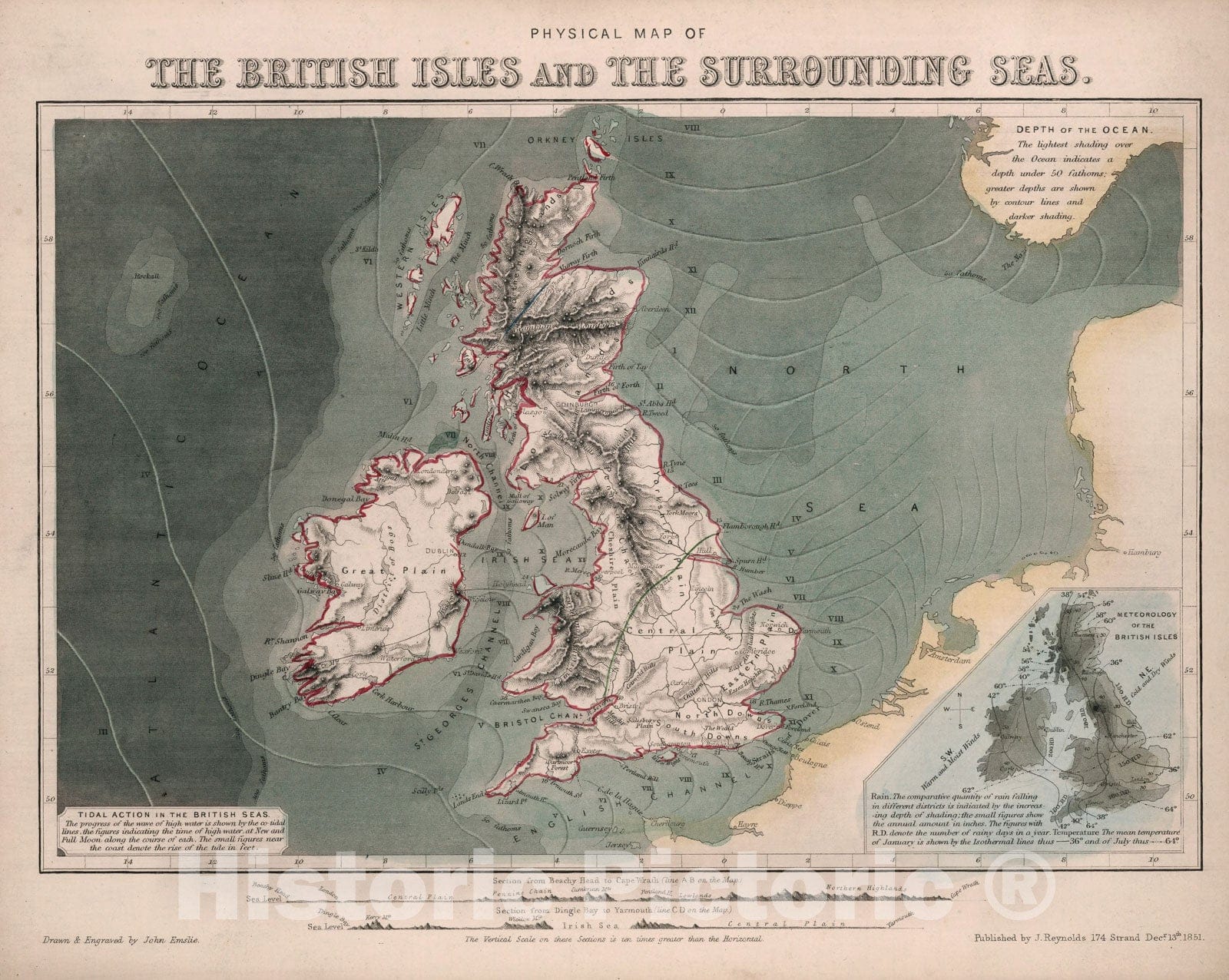 Historic Map : Physical map of the British Isles and the surrounding seas, 1850, Vintage Wall Decor