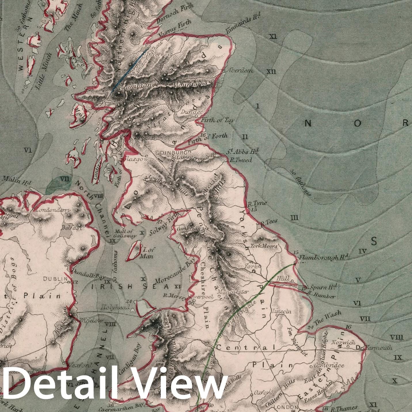 Historic Map : Physical map of the British Isles and the surrounding seas, 1850, Vintage Wall Decor