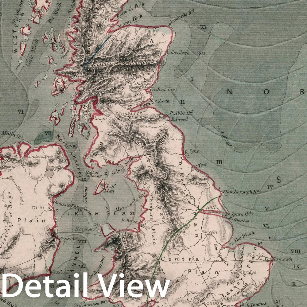 Historic Map : Physical map of the British Isles and the surrounding seas, 1850, Vintage Wall Decor