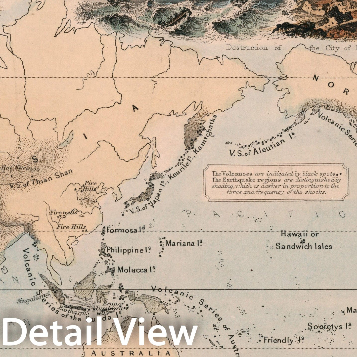 Historic Map : Phenomena of Volcanoes and Earthquakes, 1850, Vintage Wall Decor