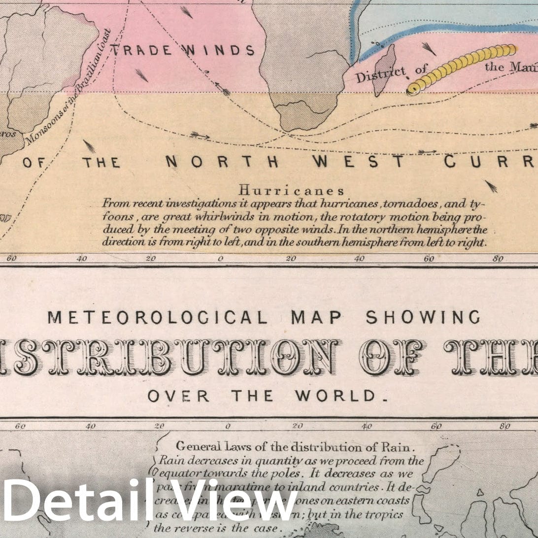 Historic Map : Distribution of the currents of air and variable winds over the world, 1850, Vintage Wall Decor