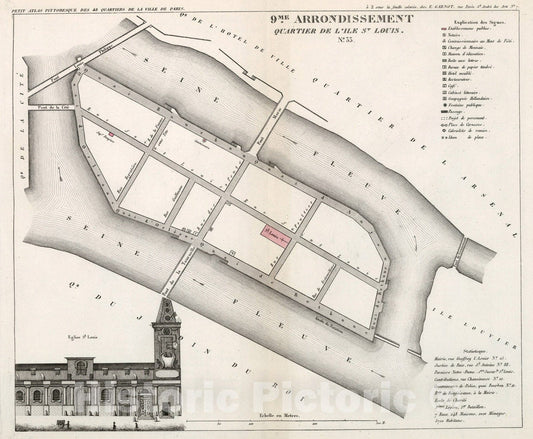 Historic Map : Paris nine Me. Arrondissement : Quartier de l'Ile St. Louis. No. 33, 1834, Vintage Wall Decor