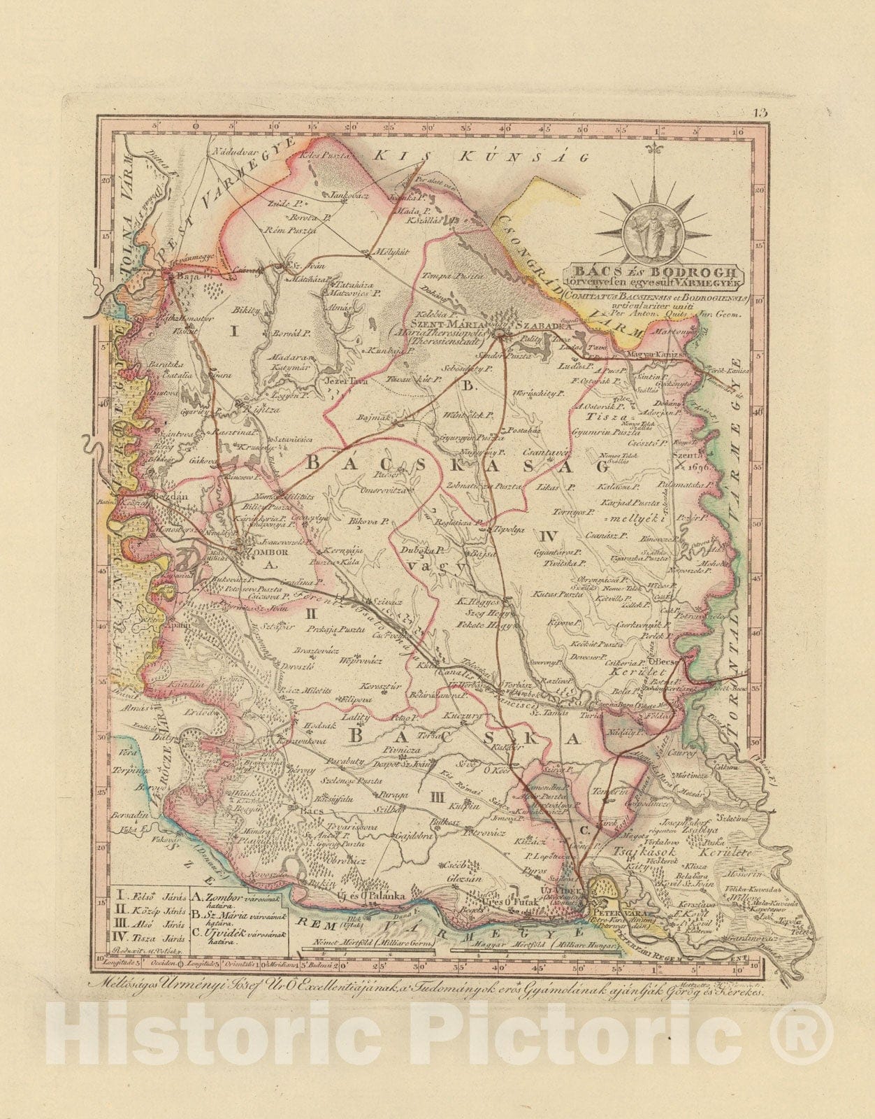 Historic Map : Bacs es Bodrogh torvenyesen egyesult Varmegyek. = Comitatus Bacsiensi et Bodrogiensis, 1802, Vintage Wall Decor