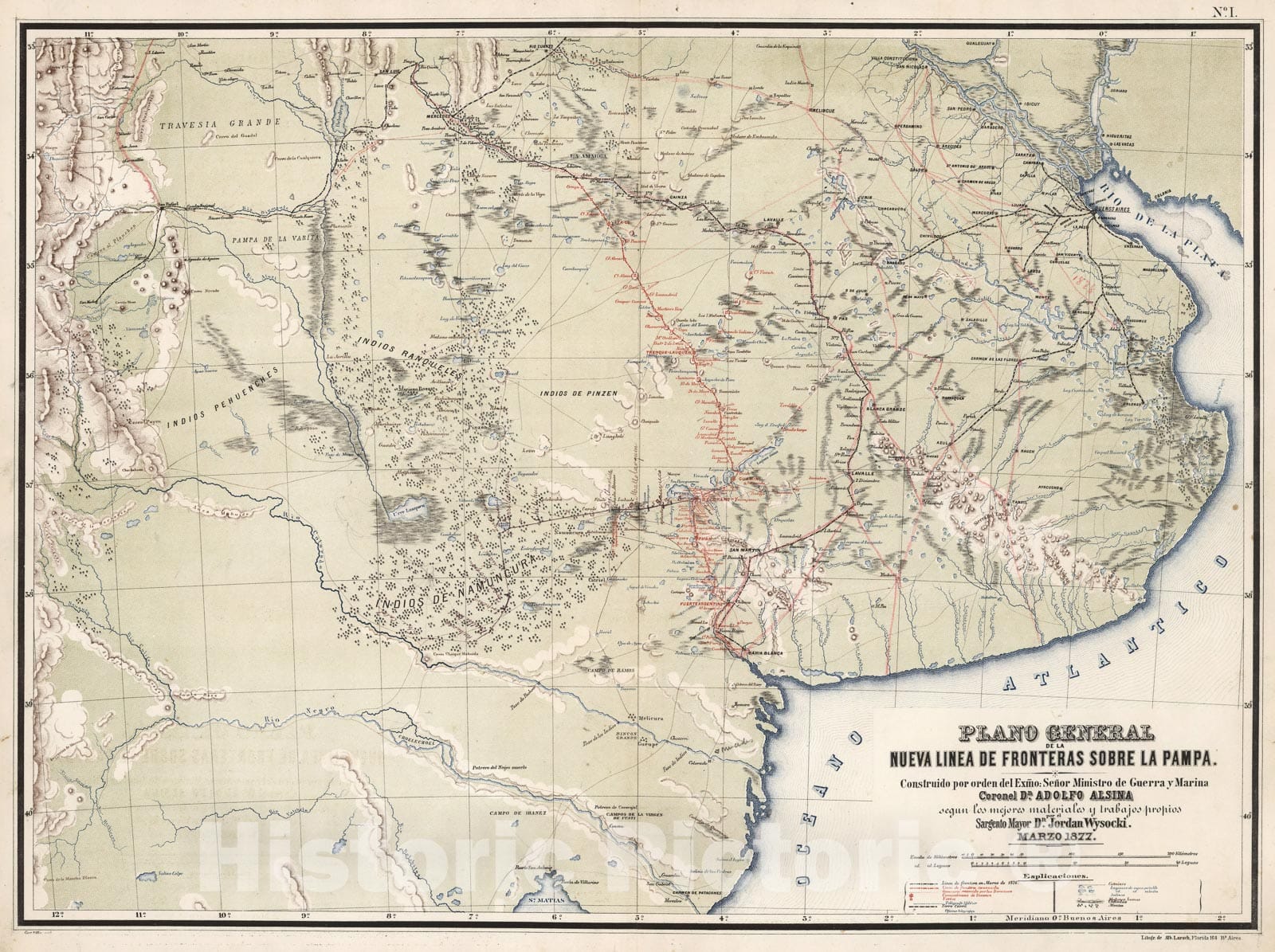 Historic Map : Plano general de la nueva linea de fronteras sobre la Pampa, 1877, Vintage Wall Decor