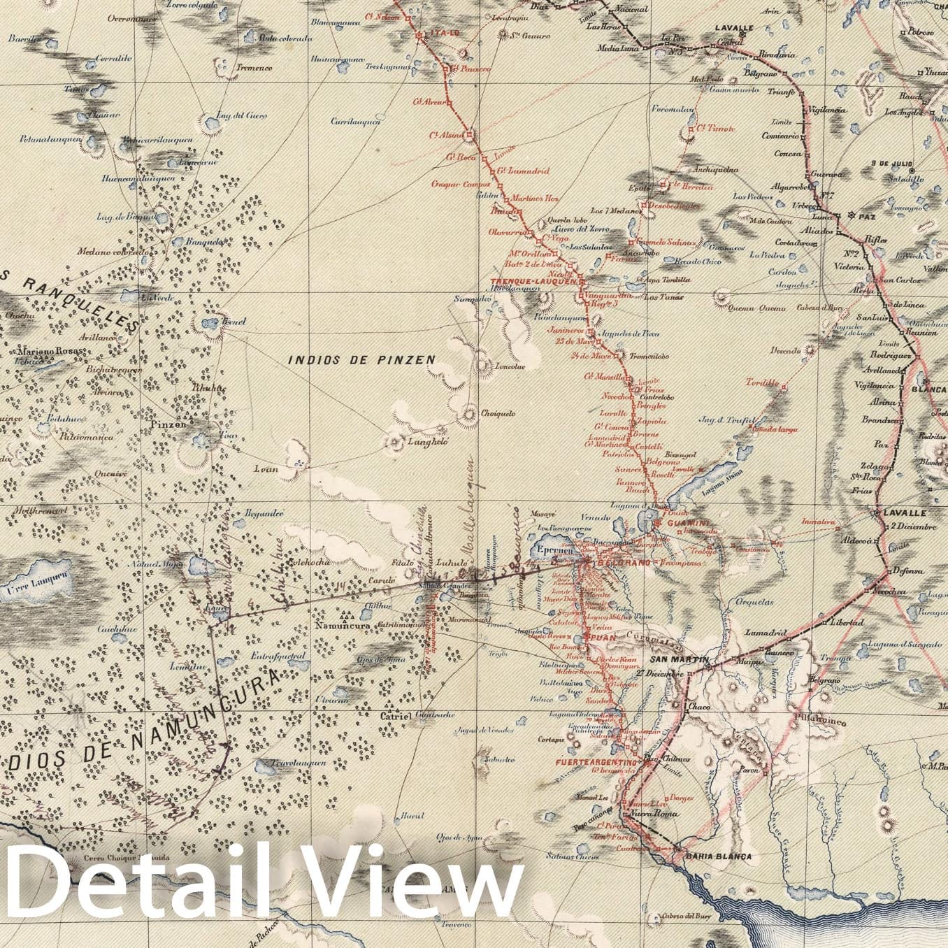 Historic Map : Plano general de la nueva linea de fronteras sobre la Pampa, 1877, Vintage Wall Decor
