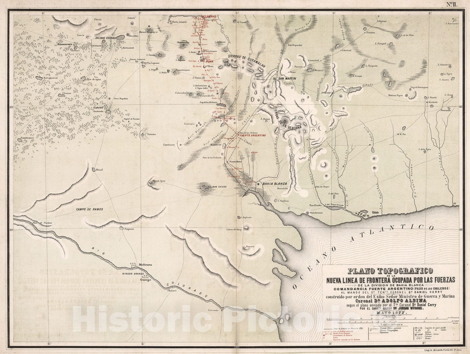 Historic Map : Plano Topografico de la Nueva L?nea de Frontera ocupada por las fuerzas de la division de Bahia Blanca, 1877, Vintage Wall Decor