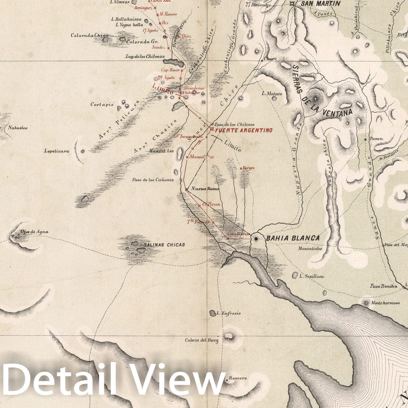 Historic Map : Plano Topografico de la Nueva L?nea de Frontera ocupada por las fuerzas de la division de Bahia Blanca, 1877, Vintage Wall Decor