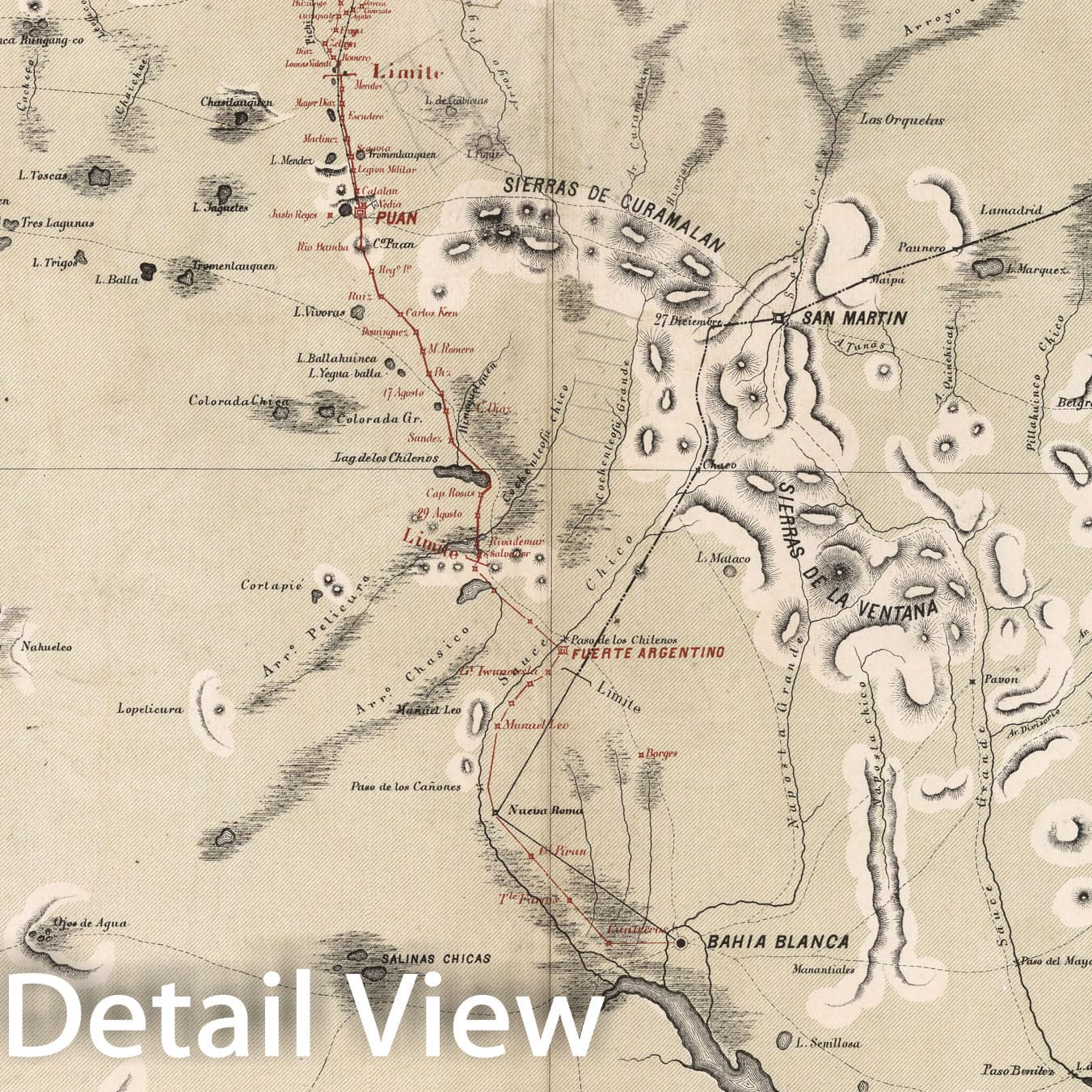 Historic Map : Plano Topografico de la Nueva L?nea de Frontera ocupada por las fuerzas de la division de la Costa Sud, 1877, Vintage Wall Decor
