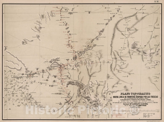 Historic Map : Plano Topografico de la Nueva L?nea de Frontera ocupada por las fuerzas de la division Sud de Buenos Aires, 1877, Vintage Wall Decor