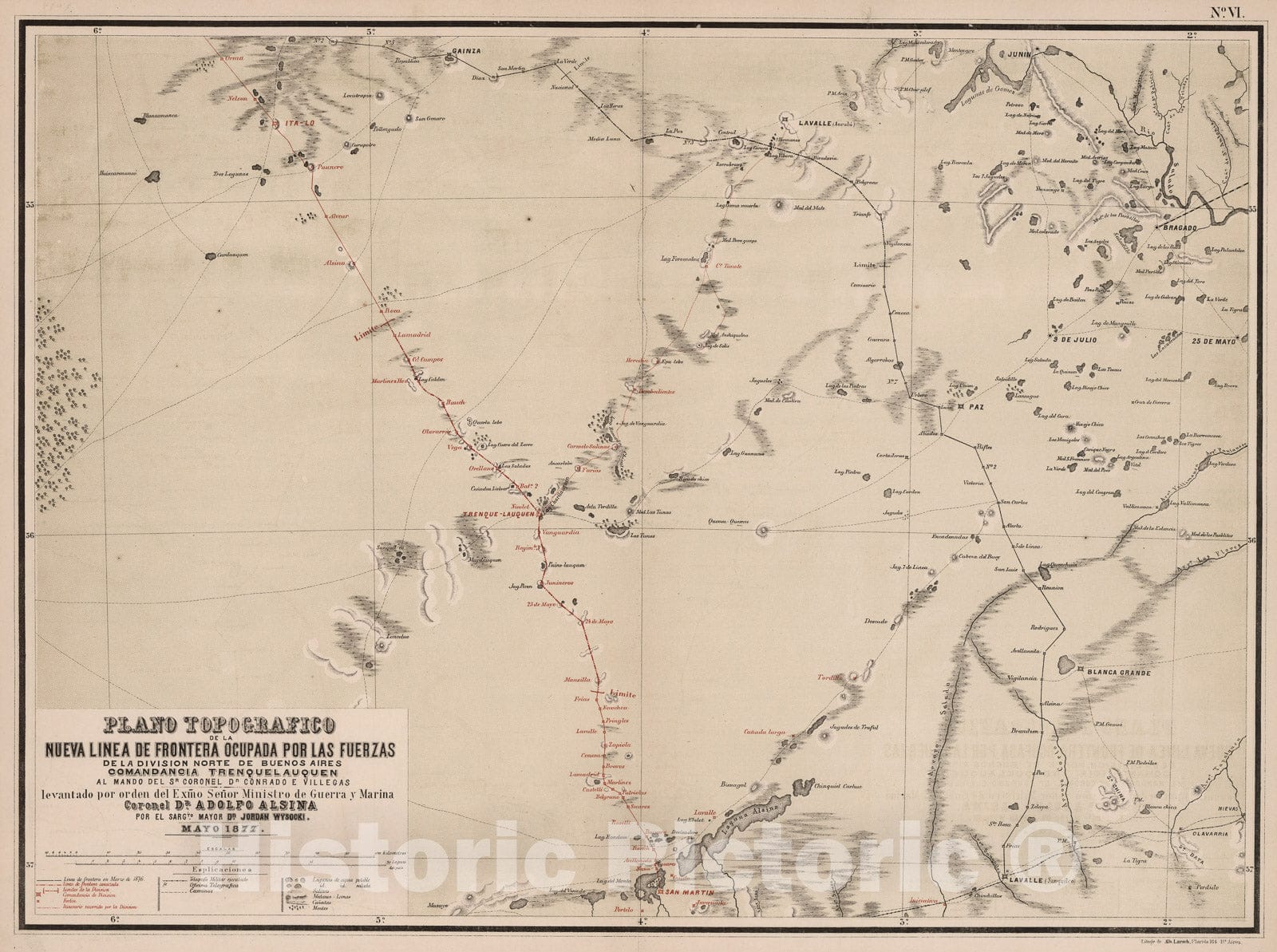 Historic Map : Plano Topografico de la Nueva L?nea de Frontera ocupada por las fuerzas de la division Norte de Buenos Aires, 1877, Vintage Wall Decor
