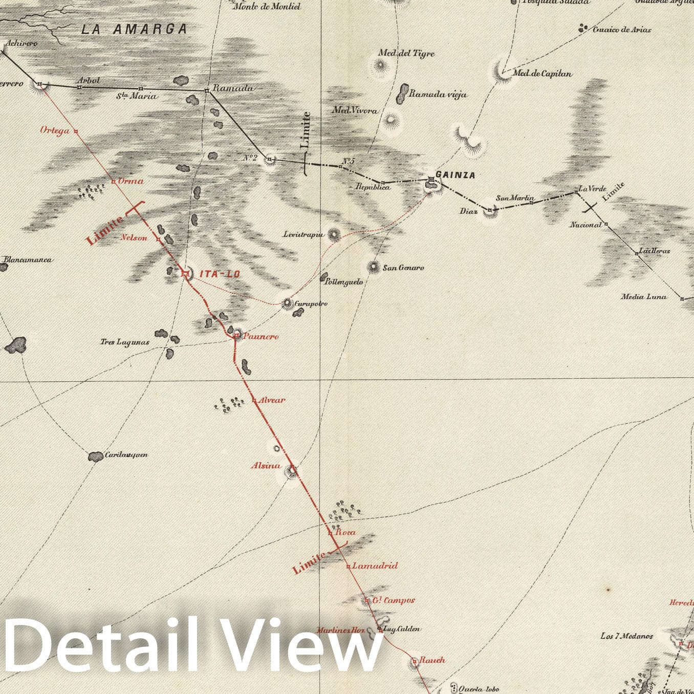 Historic Map : Plano Topografico de la Nueva L?nea de Frontera ocupada por las fuerzas de la division Sud de Santa Fe, 1877, Vintage Wall Decor