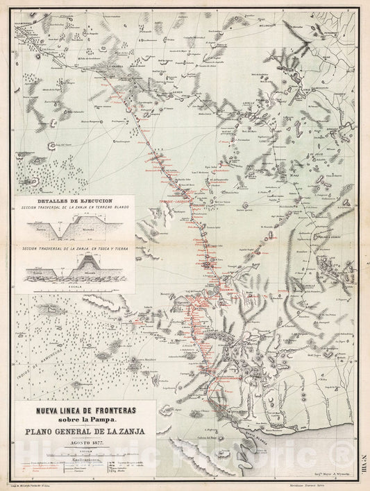 Historic Map : Nueva L?nea de Fronteras Sobre la Pampa. Plano general de la Zanja, 1877, Vintage Wall Decor