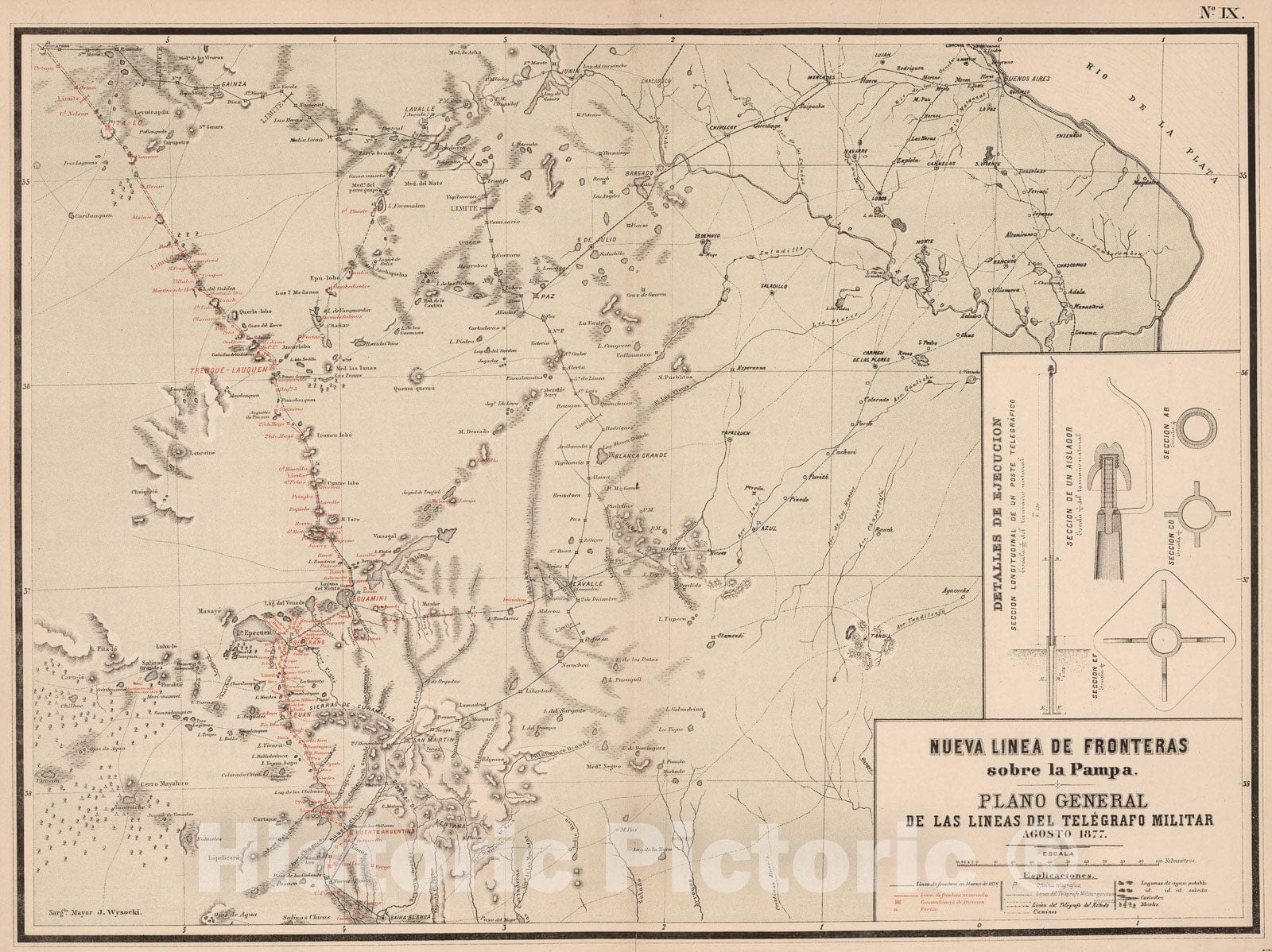Historic Map : Nueva L?nea de Fronteras Sobre la Pampa. Plano general de la lineas del telegrafo militar, 1877, Vintage Wall Decor