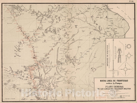 Historic Map : Nueva L?nea de Fronteras Sobre la Pampa. Plano general de la lineas del telegrafo militar, 1877, Vintage Wall Decor