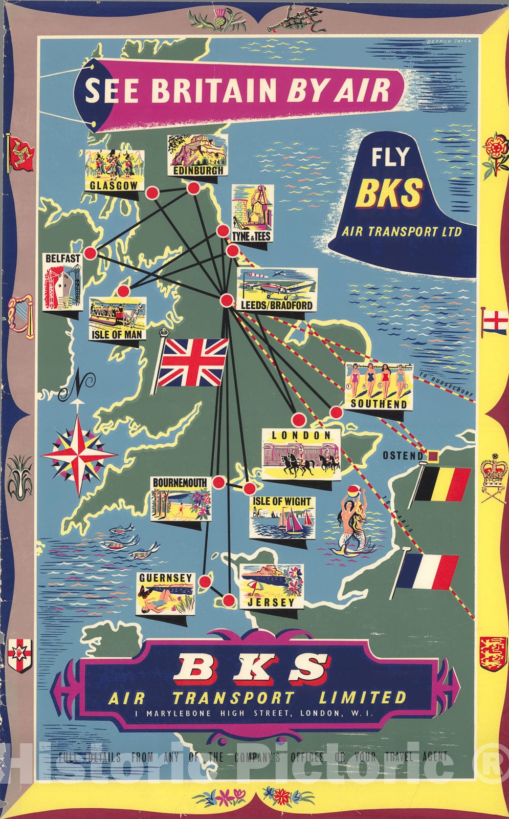 Historic Map : See Britain by air : Fly BKS Air Transport Limited, 1950, Vintage Wall Decor