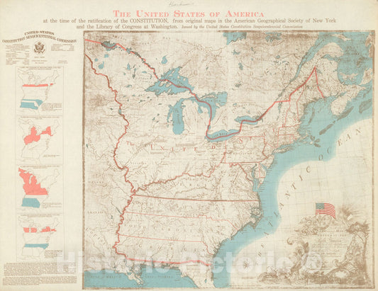 Historic Map : The United States of America at the time of the ratification of the Constitution, 1938, Vintage Wall Decor