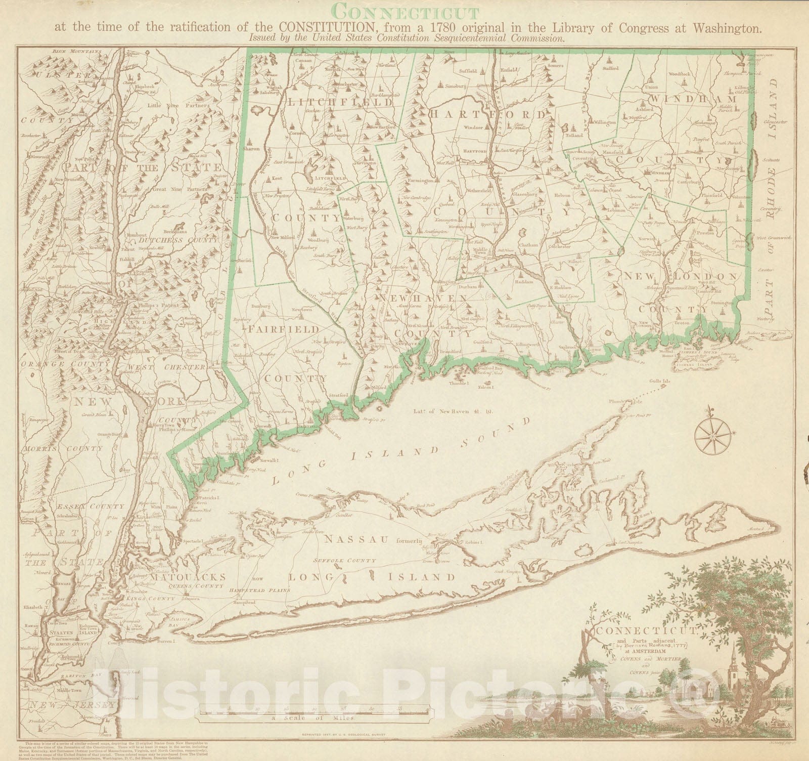 Historic Map : Conecticut at the time of the ratification of the constitution, 1938, Vintage Wall Decor
