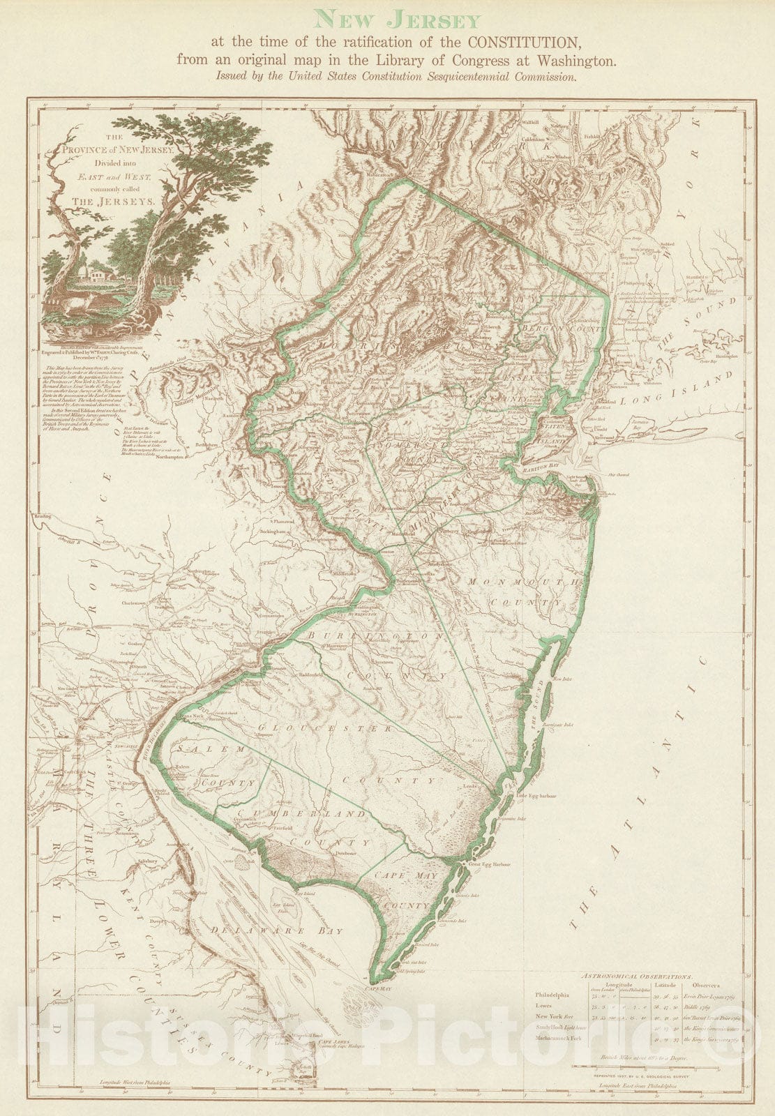 Historic Map : New Jersey at the time of the ratification of the constitution, 1938, Vintage Wall Decor