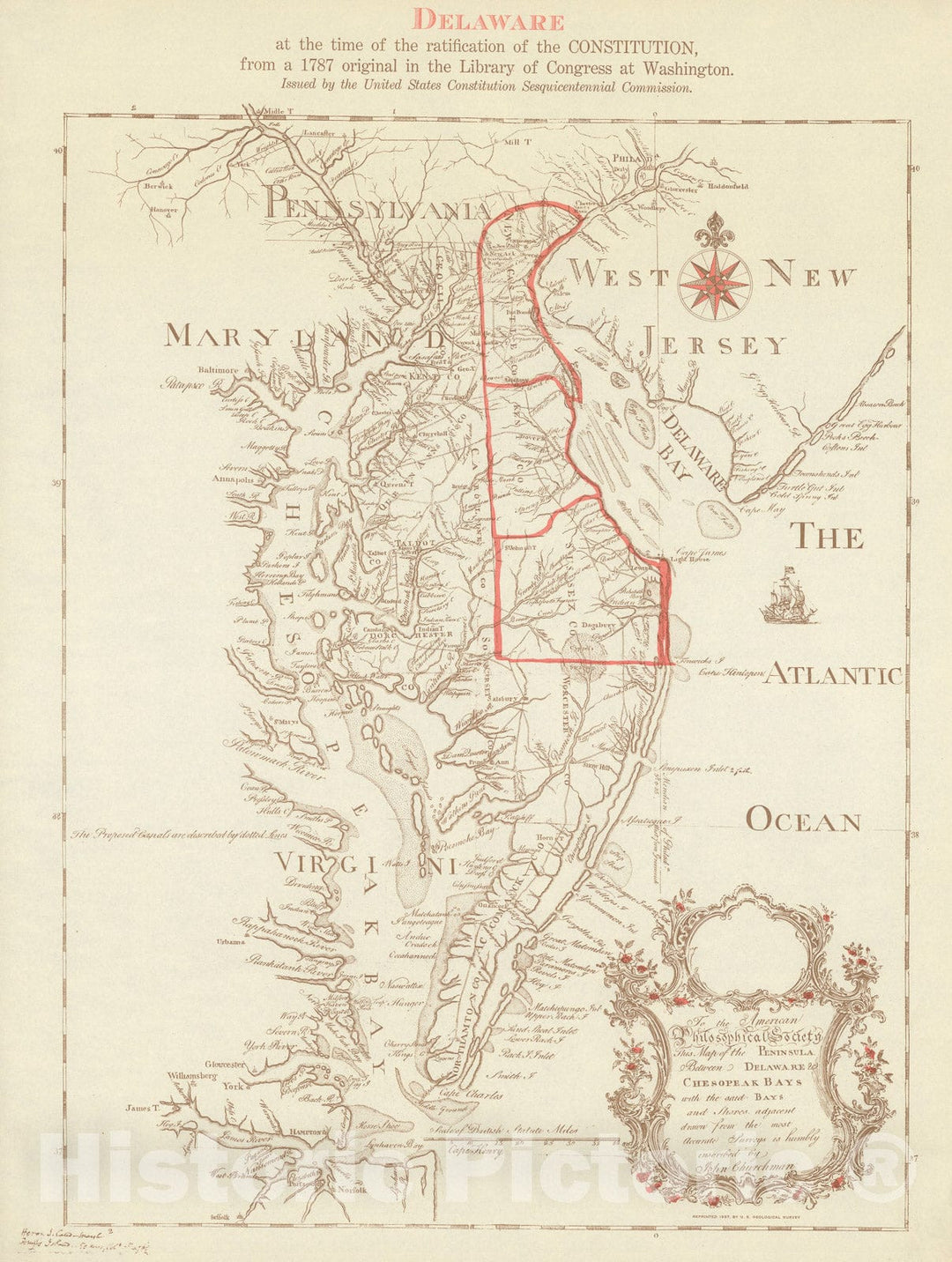 Historic Map : Delaware at the time of the ratification of the Constitution, 1938, Vintage Wall Decor