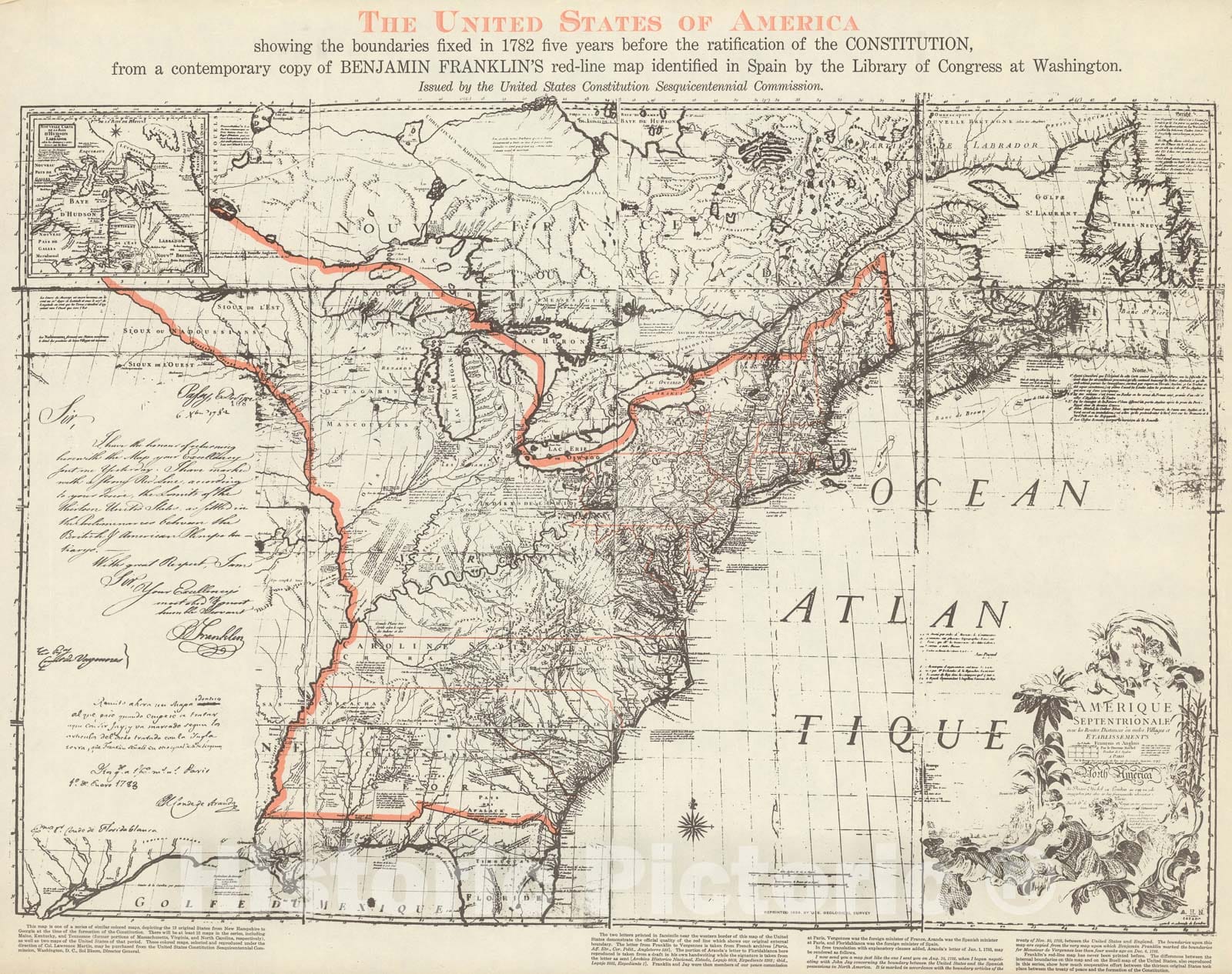 Historic Map : The United States of America showing the boundaries fixed in 1782 five years before the ratification of the Constitution, 1938, Vintage Wall Decor